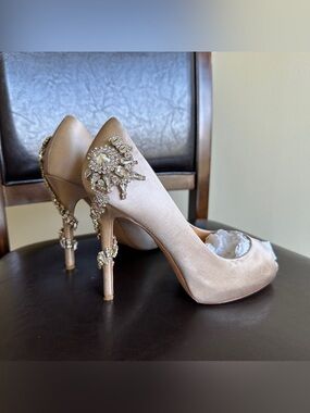 Badgley Mischka Champagne Satin Heels with Crystal Back Embellishments